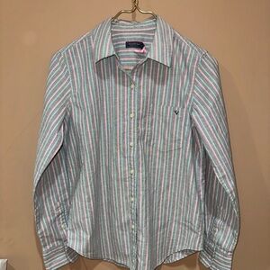 Vineyard Vines Green and Pink Striped Casual Button Down Shirt